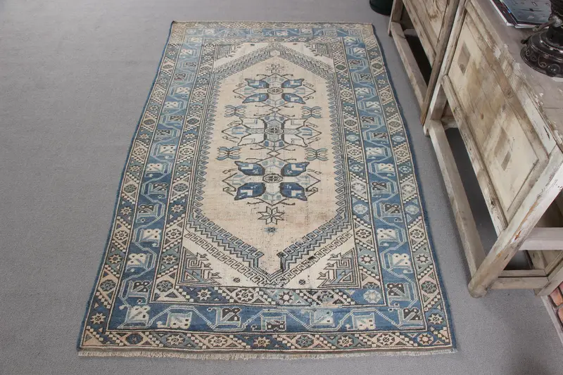 Handmade Blue & Beige Rug, 0.3x6.1 ft Striped Geometric