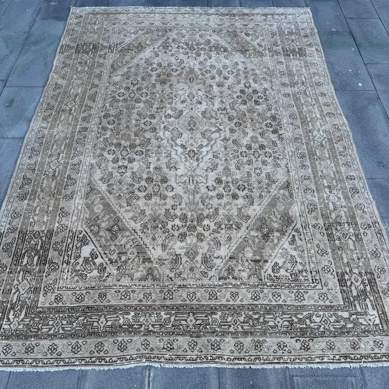 7x9.6 ft Rug, Vintage Turkish Rug, Gray Black Patchwork Wool Rug - 1