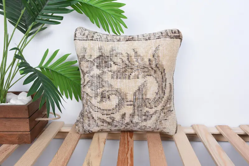 Kilim Cushion Sham, Authentic Cushion Case, 14x14 Beige Cushion Cover, Interior Designer Pillow, Handmade Kilim Cushion, Cushion - 1