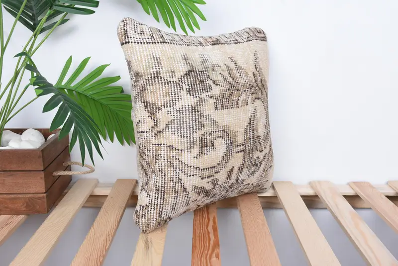 Kilim Cushion Sham, Authentic Cushion Case, 14x14 Beige Cushion Cover, Interior Designer Pillow, Handmade Kilim Cushion, Cushion - 4