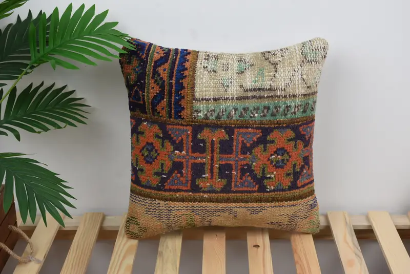 Boho Pillow, Ethnical Kilim Rug Pillow, Designer Throw Pillow Case, Pillow Case, Throw Kilim Pillow, 16x16 Orange Cushion - 1