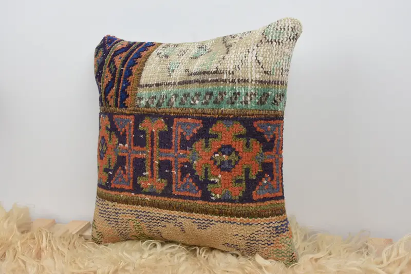 Boho Pillow, Ethnical Kilim Rug Pillow, Designer Throw Pillow Case, Pillow Case, Throw Kilim Pillow, 16x16 Orange Cushion - 7