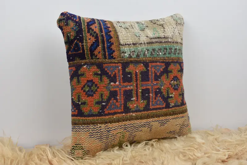 Boho Pillow, Ethnical Kilim Rug Pillow, Designer Throw Pillow Case, Pillow Case, Throw Kilim Pillow, 16x16 Orange Cushion - 8