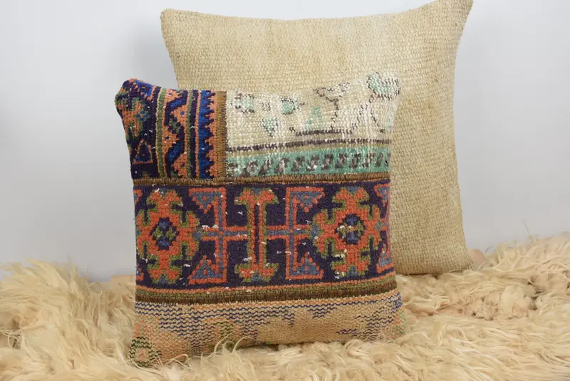 Boho Pillow, Ethnical Kilim Rug Pillow, Designer Throw Pillow Case, Pillow Case, Throw Kilim Pillow, 16x16 Orange Cushion - 6
