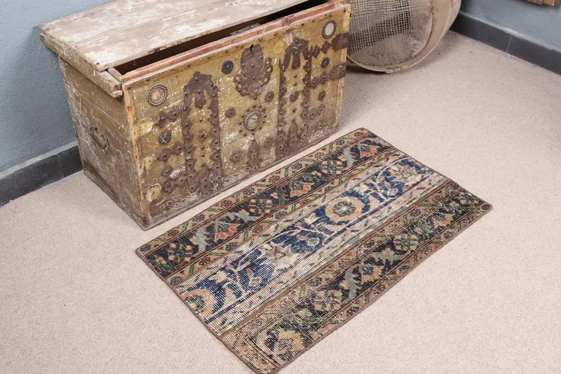 ブルー & ブラウン ラグ、1.9x3.1 フィートの植物と木のデザイン