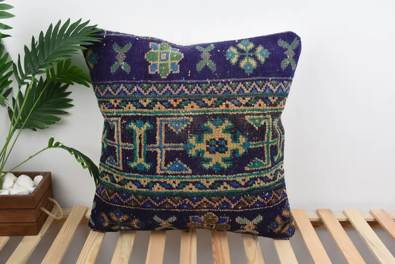 Nautical Throw Pillow Cover, Turkish Pillow, Handmade Kilim Cushion, Kilim Pillow Cover, 24x24 Blue Pillow, Pillow Cover, Pattern Throw Cushion Case - 1