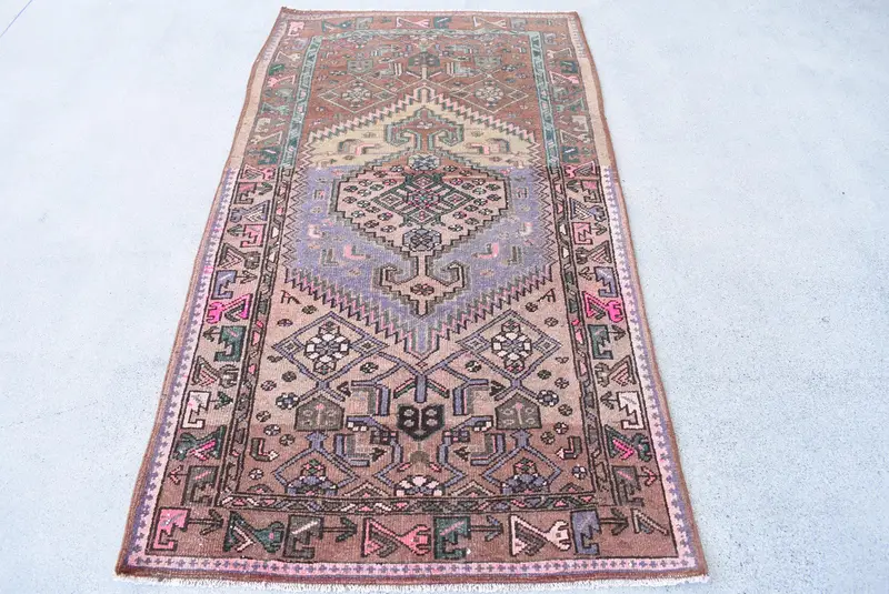 Vintage Turkish Rug, Accent 3.37x6.5 ft (103x198 cm) Rug, Brown Animal Print Wool Rug - 1