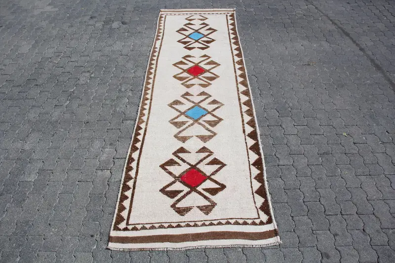 3.3x11.1 ft Runner Turkish Rug, White Floral Vintage Rug - 1