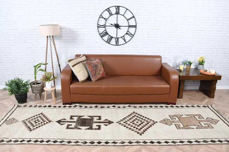 Türk Halısı, 3.4x11.2 ft Runner Vintage Halı, Herki Beyaz Kahverengi Masif Halı - 1