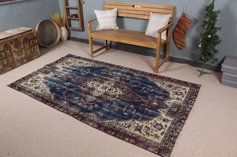 Mavi Çiçekli Halı, 4,2x7,6 ft Zarif Mor Vurgular