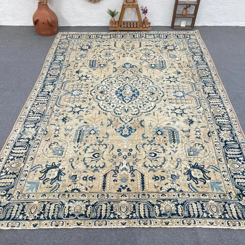 Elegante alfombra persa beige y azul, 8,3x11,7 ft