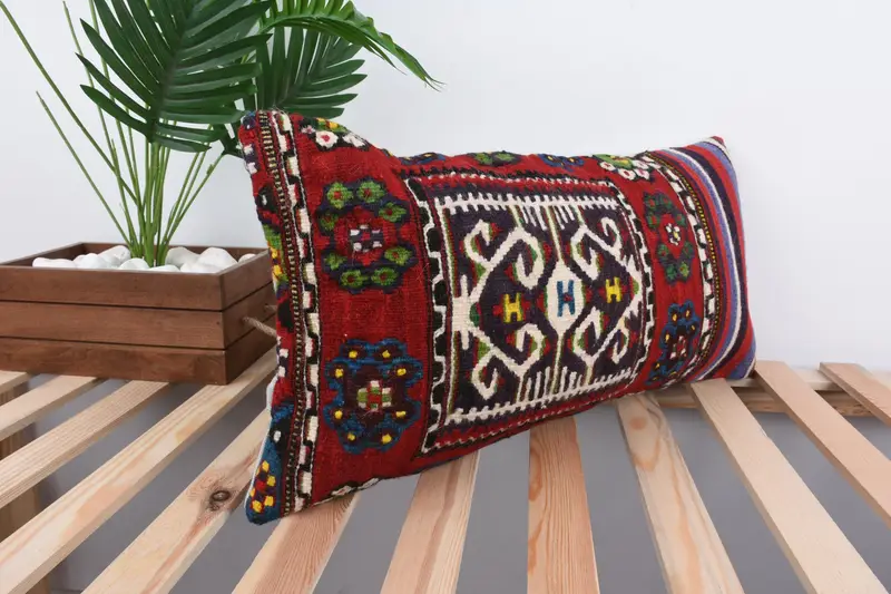 Vintage Pillow, Interior Designer Pillow, 12x24 Red Pillow Sham, Retro Throw Cushion Cover, Aesthetic Cushion, Vintage Kilim Pillow, Cushion Case - 4