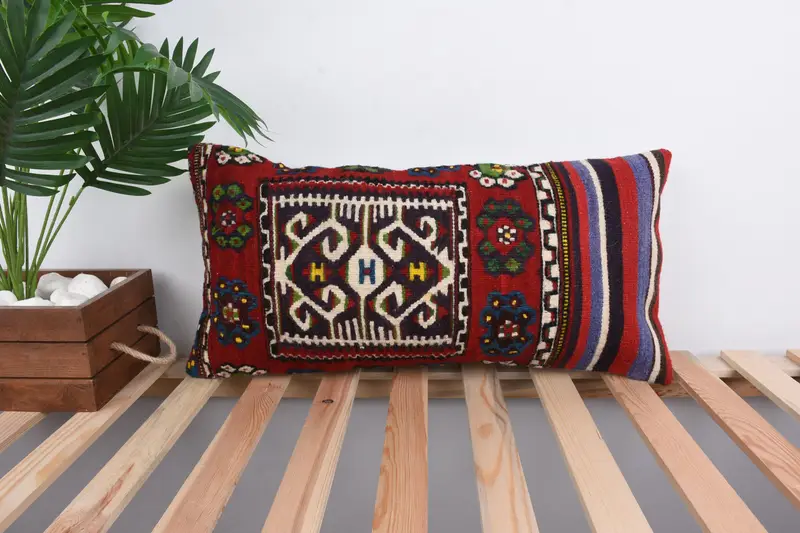 Vintage Pillow, Interior Designer Pillow, 12x24 Red Pillow Sham, Retro Throw Cushion Cover, Aesthetic Cushion, Vintage Kilim Pillow, Cushion Case - 1