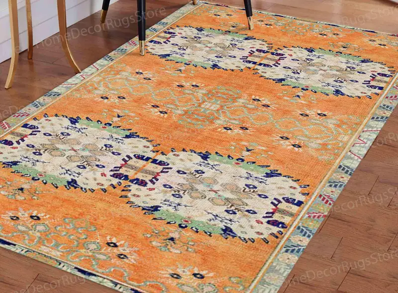 エレガントなプリントラグ：グリーン、エスニック&花柄、モダンなデザイン