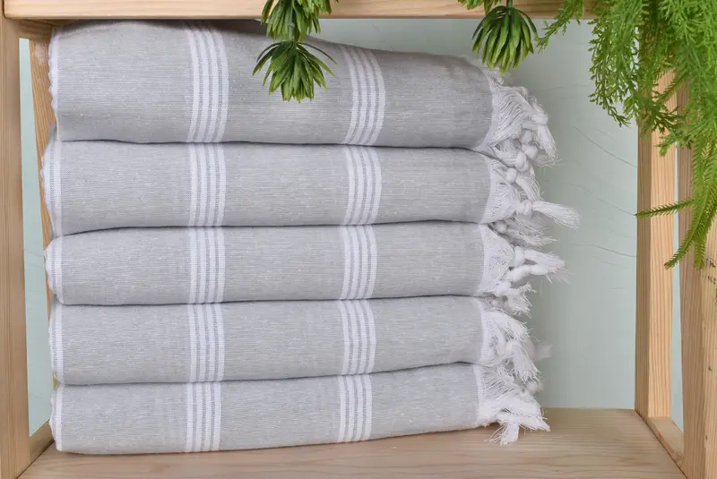 Striped Towel Light Gray Organic Cotton/Linen 30x69 Inches