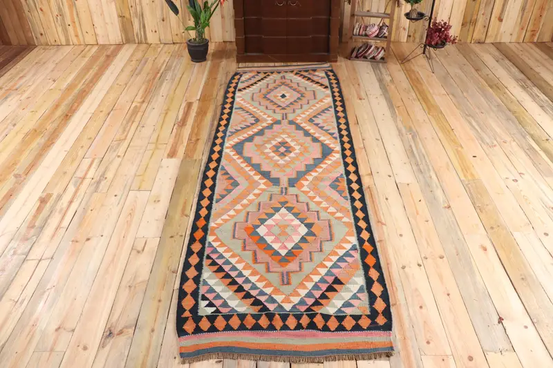 3.3x10.2 ft Türk Kilim Halısı, Vintage Halı, Mavi Bitkiler ve ağaçlar Yün Halı - 1