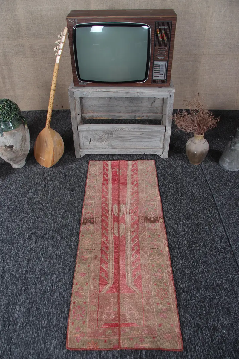 1.9x4.8 ft Halı, Vintage Türk Halısı, Kırmızı Kahverengi Oryantal Yün Halı - 1