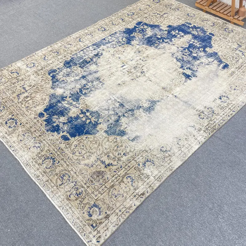 7.2x10.2 ft Oversize Turkish Rug, Vintage Rug, Blue White Ombré Wool Rug - 1