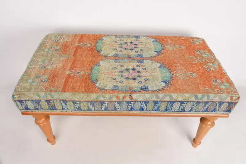 モジュール式オットマンセット、オレンジ&グリーンのキリム風ウールブレンドオットマン