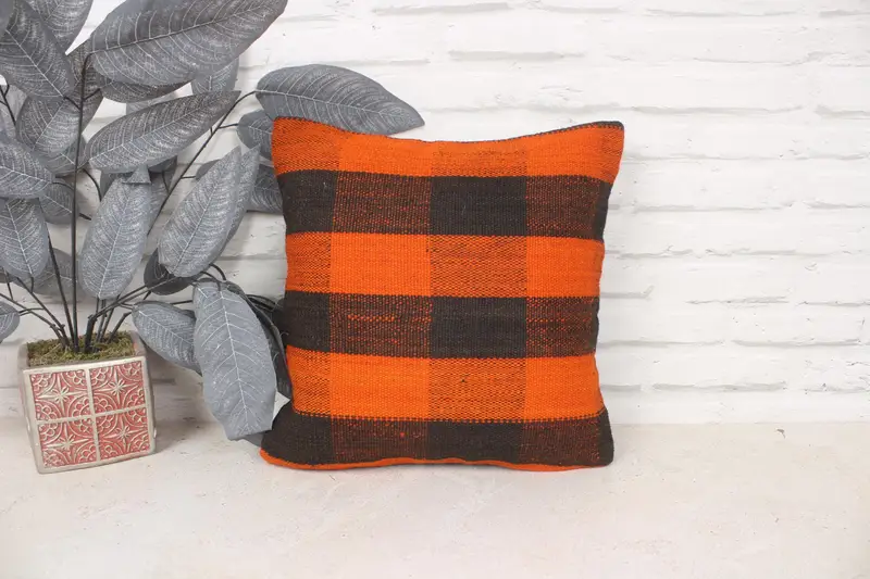 14x14 Orange Cushion Cover, Gift Pillow, Turkish Kilim Pillow, Cushion Case, Vintage Kilim Throw Pillow, Aesthetic Pillow - 1