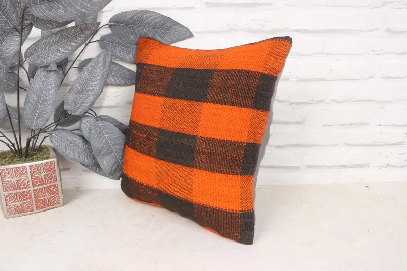 14x14 Orange Cushion Cover, Gift Pillow, Turkish Kilim Pillow, Cushion Case, Vintage Kilim Throw Pillow, Aesthetic Pillow - 4
