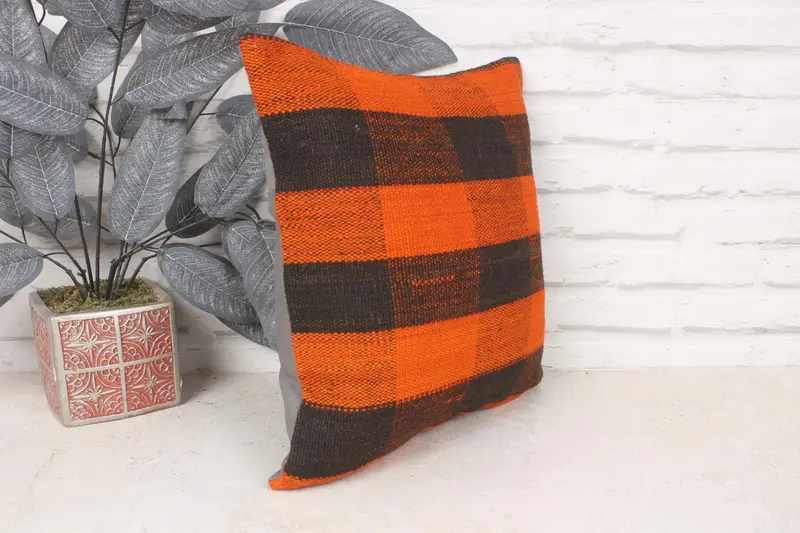 14x14 Orange Cushion Cover, Gift Pillow, Turkish Kilim Pillow, Cushion Case, Vintage Kilim Throw Pillow, Aesthetic Pillow - 3