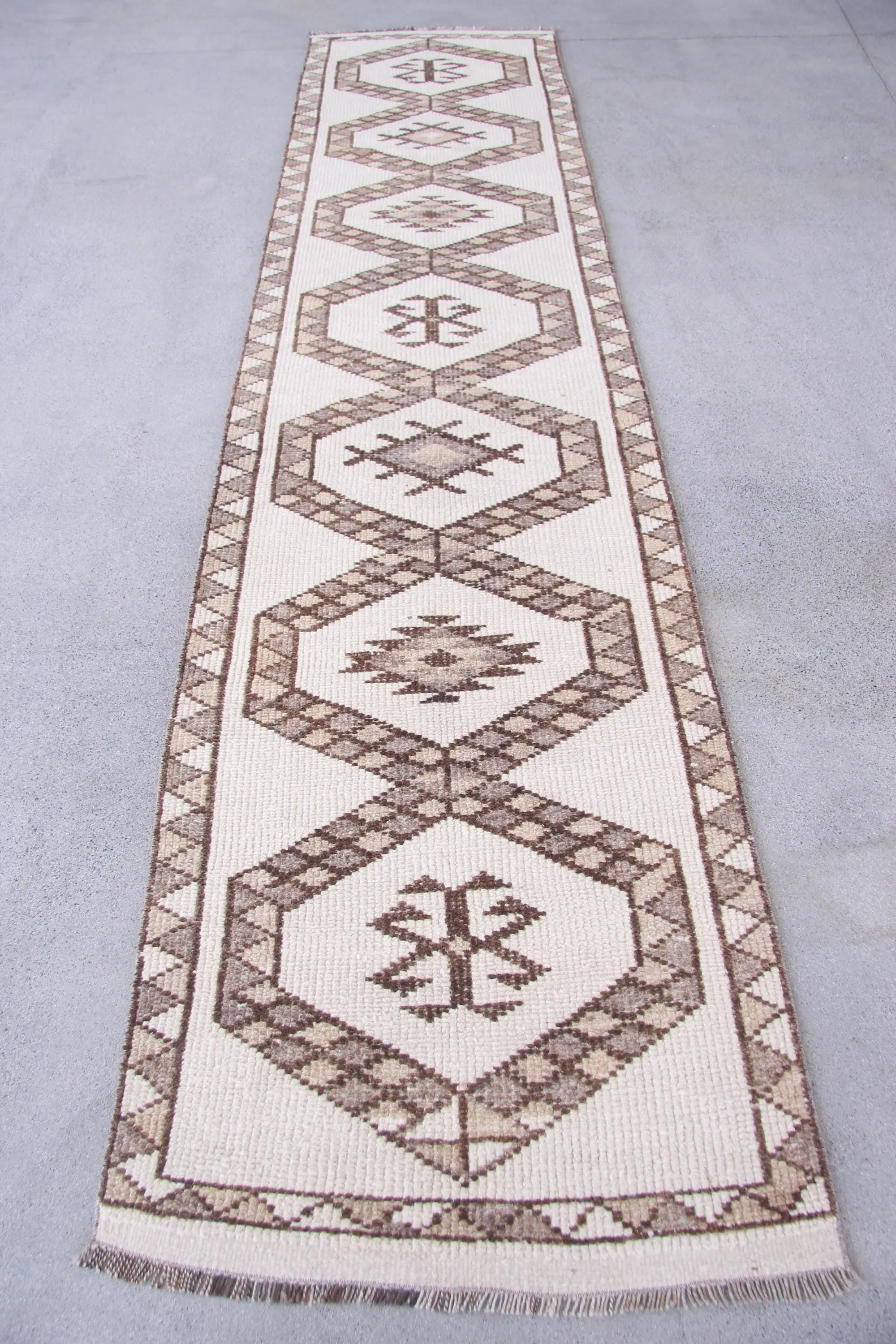 Turkish 2.8x12.5 ft Rug, Runner Vintage Rug, White Brown Oriental Rug - 1