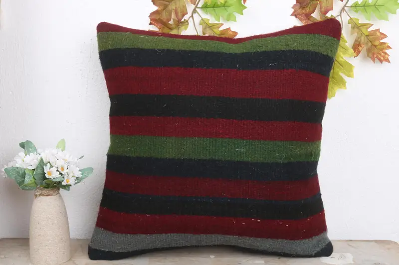 Wool Kilim Pillow Pillow Case, 18x18 Red Pillow, Pillow Sham, Natural Cushion, Throw Kilim Pillow, Ethnical Kilim Rug Pillow, Gift Pillow - 2