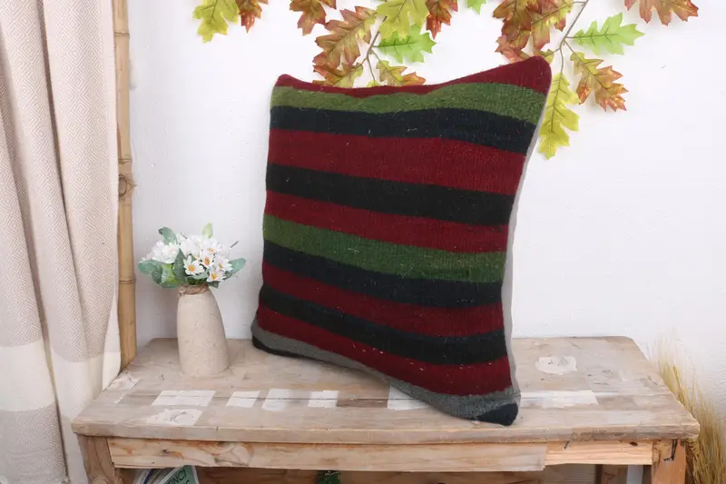 Wool Kilim Pillow Pillow Case, 18x18 Red Pillow, Pillow Sham, Natural Cushion, Throw Kilim Pillow, Ethnical Kilim Rug Pillow, Gift Pillow - 4