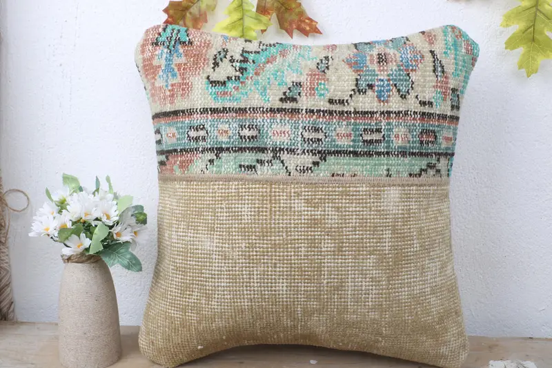 Turkish Pillow, Nomadic Pillow, Pillow Cover, Antique Pillows, 16x16 Green Pillow Cover, Handmade Throw Cushion Cover, Gift Pillow - 2