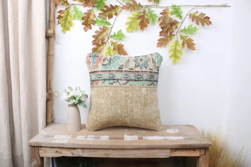Turkish Pillow, Nomadic Pillow, Pillow Cover, Antique Pillows, 16x16 Green Pillow Cover, Handmade Throw Cushion Cover, Gift Pillow - 1