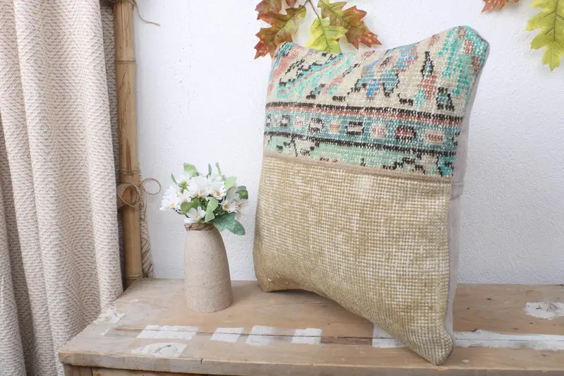 Turkish Pillow, Nomadic Pillow, Pillow Cover, Antique Pillows, 16x16 Green Pillow Cover, Handmade Throw Cushion Cover, Gift Pillow - 4
