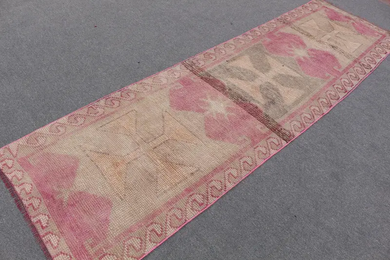 2.8x9.6 ft Halı, Türk Vintage Yolluk Halısı, Pembe Herki Yün Halı - 1