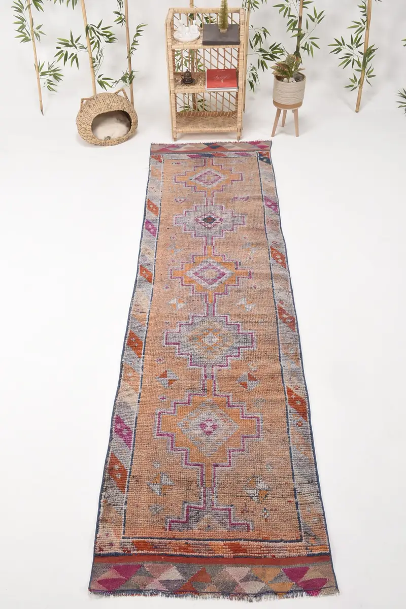 2.7x9.9 ft Vintage Halı, Türk Yolluk Halısı, Turuncu Çiçekli Yün Halı - 1