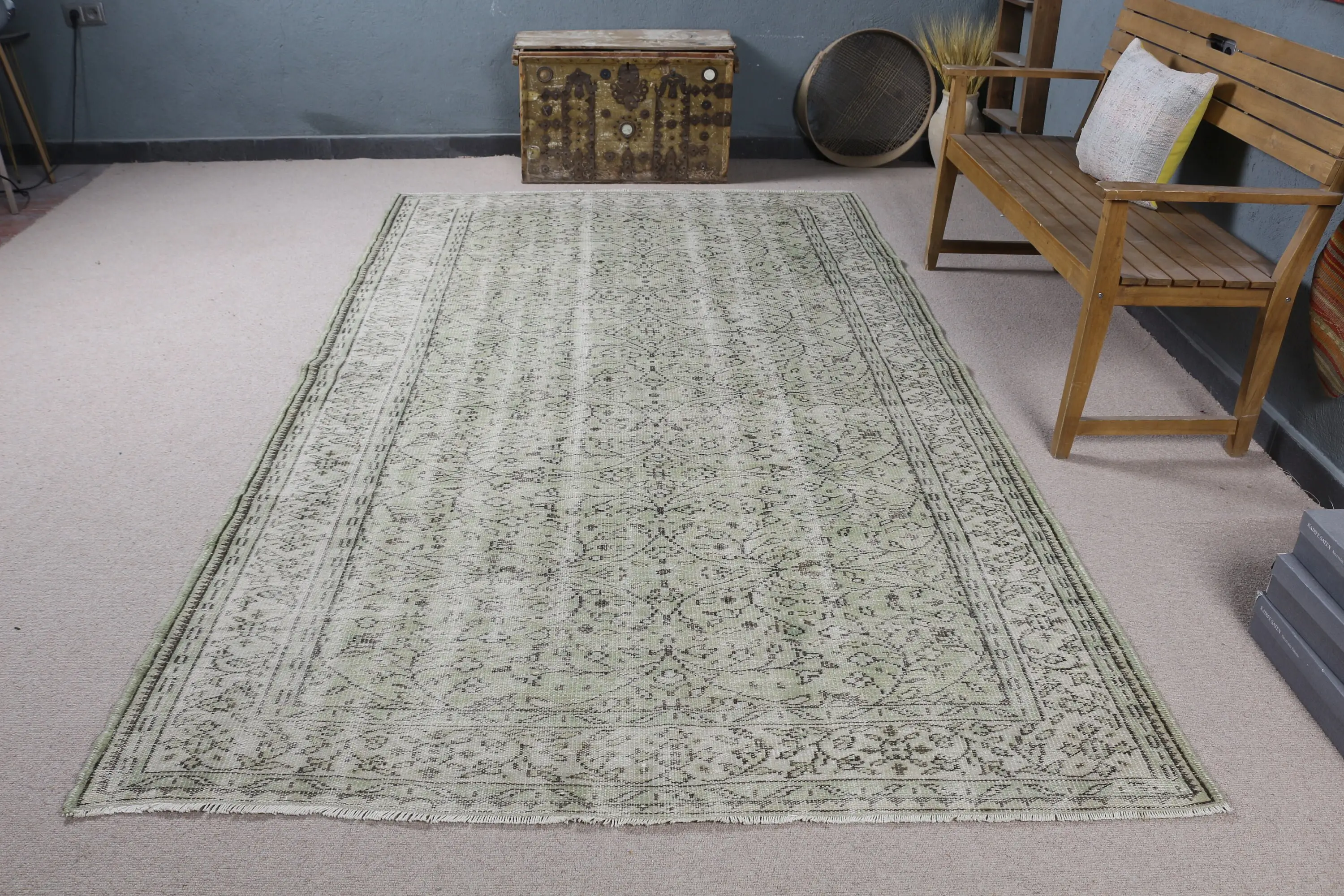 5.7x9.8 ft Halı, Vintage Halı, Türk Yeşil Yün Çiçekli Halı - 1