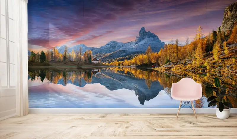 Landschaftsradum, Baumwanddruck, Messenpapier ansehen, Naturtapeten, Reflexionswandplakat, Dolomiten Wallpaper, Sonnenuntergangswanddruck, - 8
