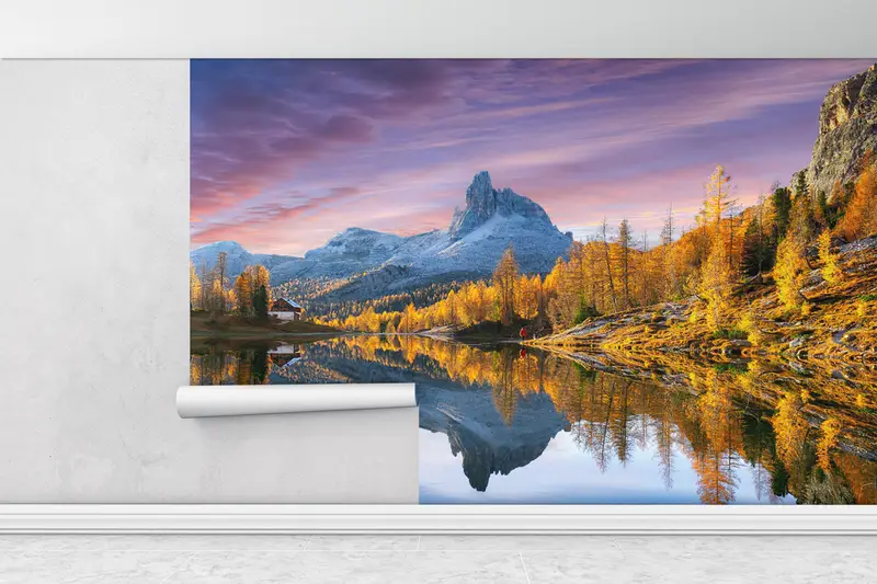 Landschaftsradum, Baumwanddruck, Messenpapier ansehen, Naturtapeten, Reflexionswandplakat, Dolomiten Wallpaper, Sonnenuntergangswanddruck, - 6