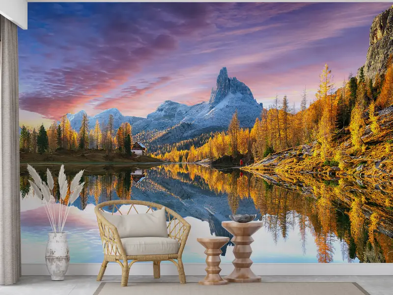 Landschaftsradum, Baumwanddruck, Messenpapier ansehen, Naturtapeten, Reflexionswandplakat, Dolomiten Wallpaper, Sonnenuntergangswanddruck, - 2