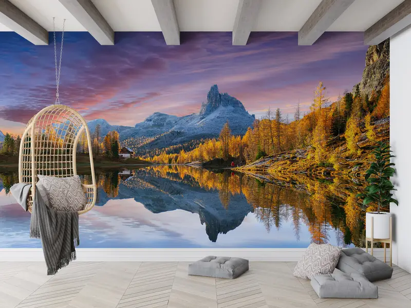 Landschaftsradum, Baumwanddruck, Messenpapier ansehen, Naturtapeten, Reflexionswandplakat, Dolomiten Wallpaper, Sonnenuntergangswanddruck, - 1