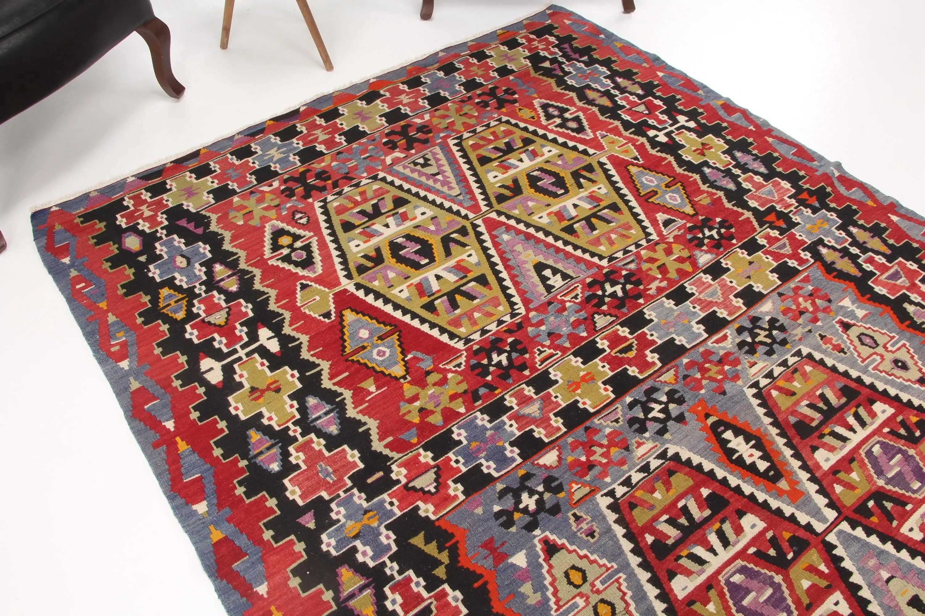 Türkischer 5,8x11 ft Teppich, großer Vintage Teppich, rot blau gepunkteter Teppich - 1