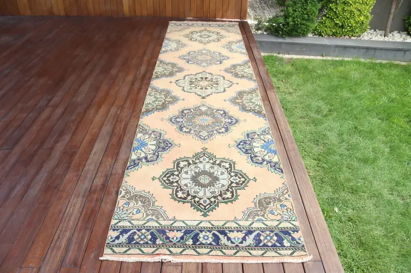 Vintage Türk Halısı 3,2x13,1 ft, Oushak Mavi Kareli Yün Halı - 1