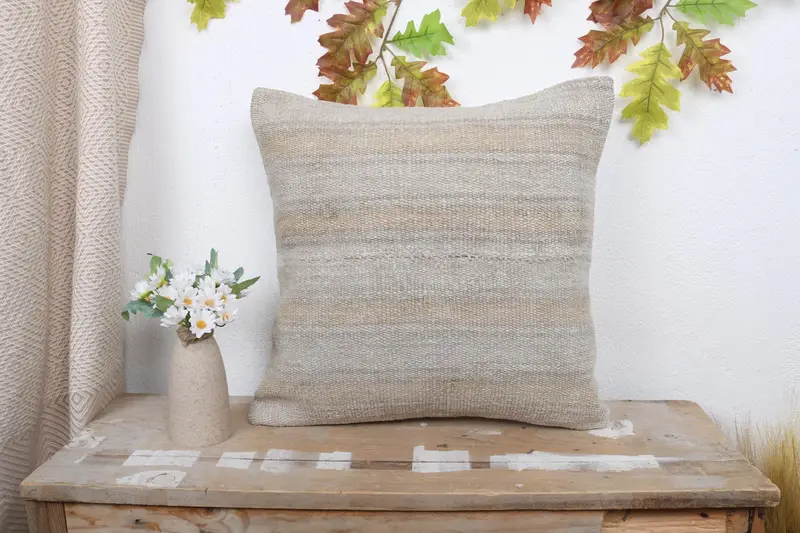 Pillow Case, Decorative Throw Pillow Cover, Turkish Rugs Cushion Case, 18x18 Beige Pillow Sham, Kilim Pillow Cover, Vintage Pillow, Boho Pillow - 1