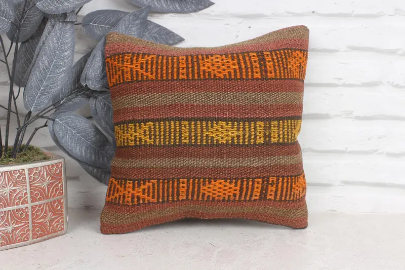 Antique Pillows, Bright Pillow, Kilim Pillow, 12x12 Brown Pillow Cover, Handmade Kilim Cushion, Cushion, Knitted Pillow Cover - 1