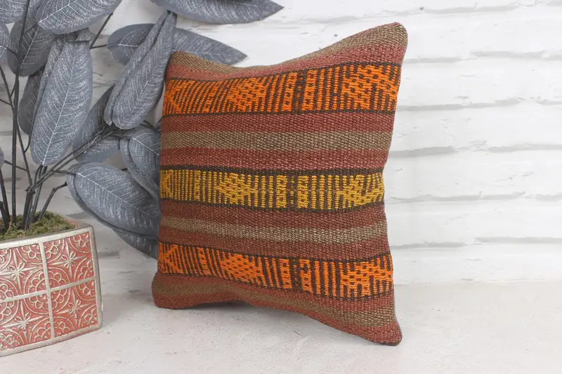 Antique Pillows, Bright Pillow, Kilim Pillow, 12x12 Brown Pillow Cover, Handmade Kilim Cushion, Cushion, Knitted Pillow Cover - 3
