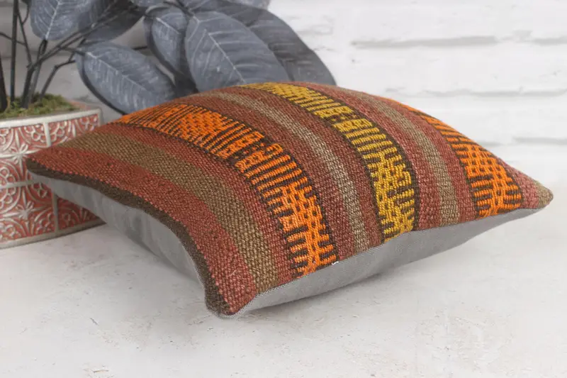 Antique Pillows, Bright Pillow, Kilim Pillow, 12x12 Brown Pillow Cover, Handmade Kilim Cushion, Cushion, Knitted Pillow Cover - 6