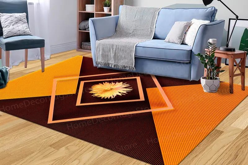 オレンジ色の幾何学模様のモダンな抽象フラワープリントラグ