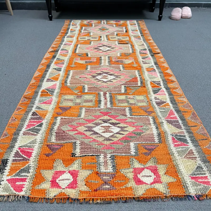 2.6x6.2 ft Kilim Rug, Turkish Vintage Rug, Orange Pink Camouflage Rug - 1