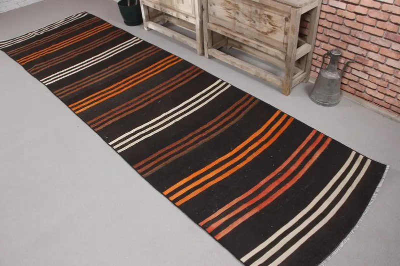 Turkish Vintage Rug, 3.1x11 ft Kilim Rug, Black Orange Southwestern Wool Rug - 1
