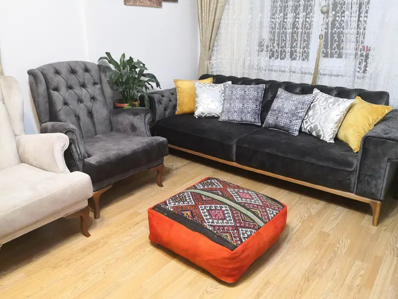 Dikdörtgen Kırmızı & Bronz Kilim Puf, Çok Amaçlı Osmanlı Puf