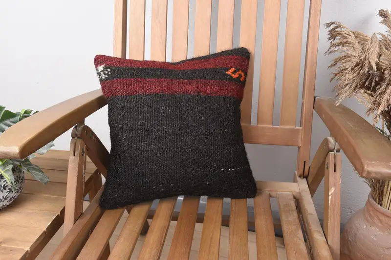 Kilim Pillow Cover, Boho Pillow Sham Cover, 14x14 Brown Cushion Cover, Turkish Kilim Pillow, Vintage Throw Cushion Case, Pillow Sham - 1